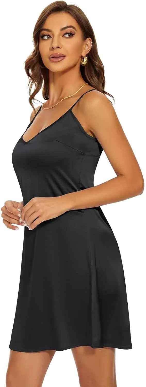 Miqieer Women's Long Silky Tank Top Adjustable Spaghetti Strap Camisole Slip Dress