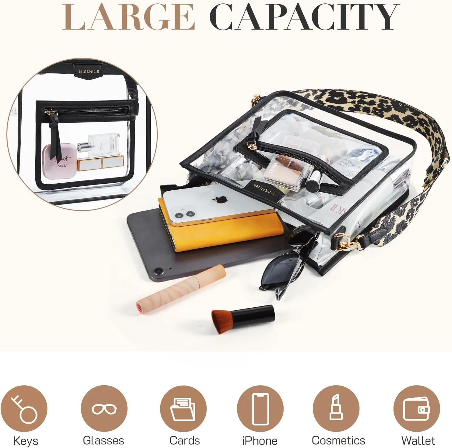 Missnine Clear Crossbody Bags for Women Stadium Approved Clear Purse for Concert Transparent Plastic Bag with Guitar Strap