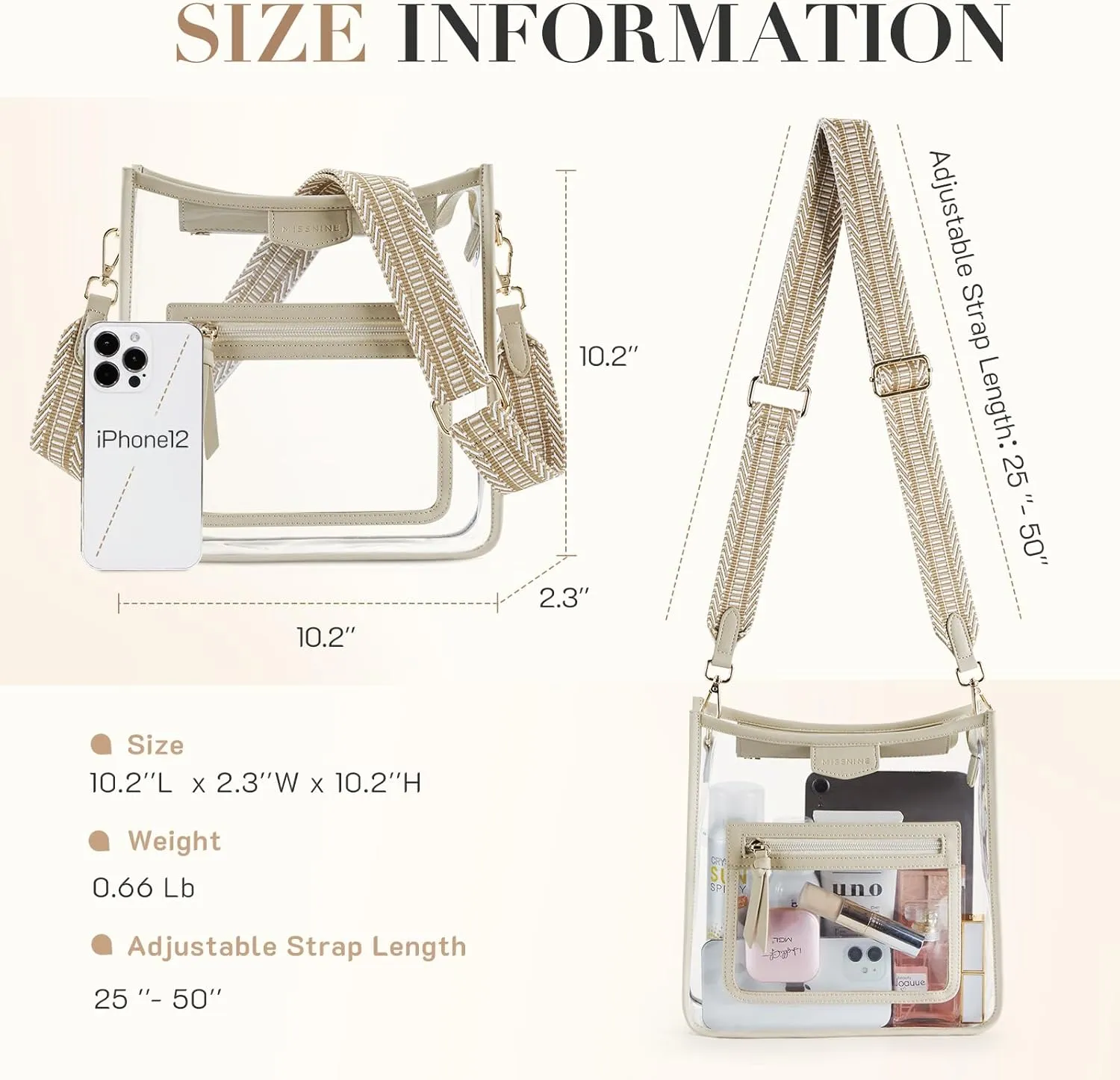Missnine Clear Crossbody Bags for Women Stadium Approved Clear Purse for Concert Transparent Plastic Bag with Guitar Strap