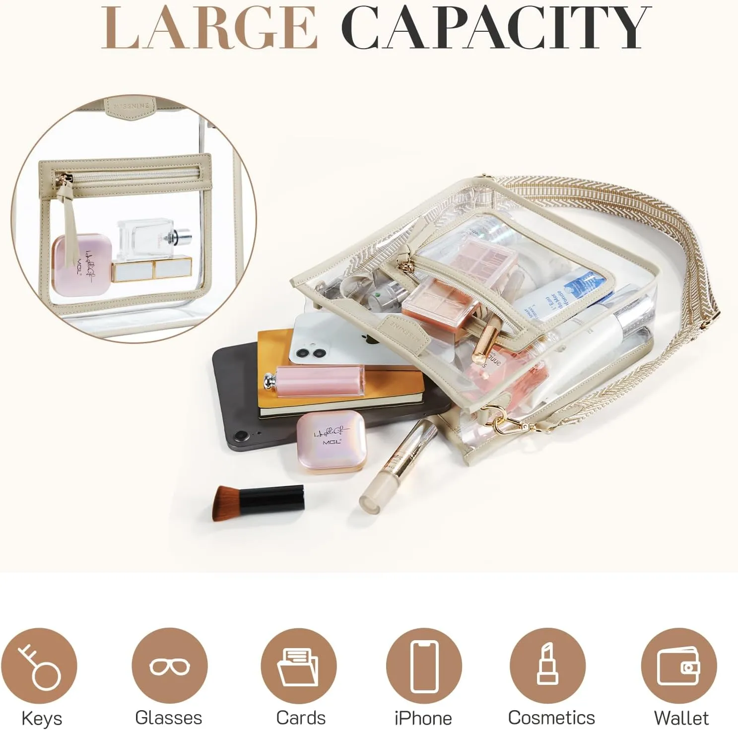 Missnine Clear Crossbody Bags for Women Stadium Approved Clear Purse for Concert Transparent Plastic Bag with Guitar Strap