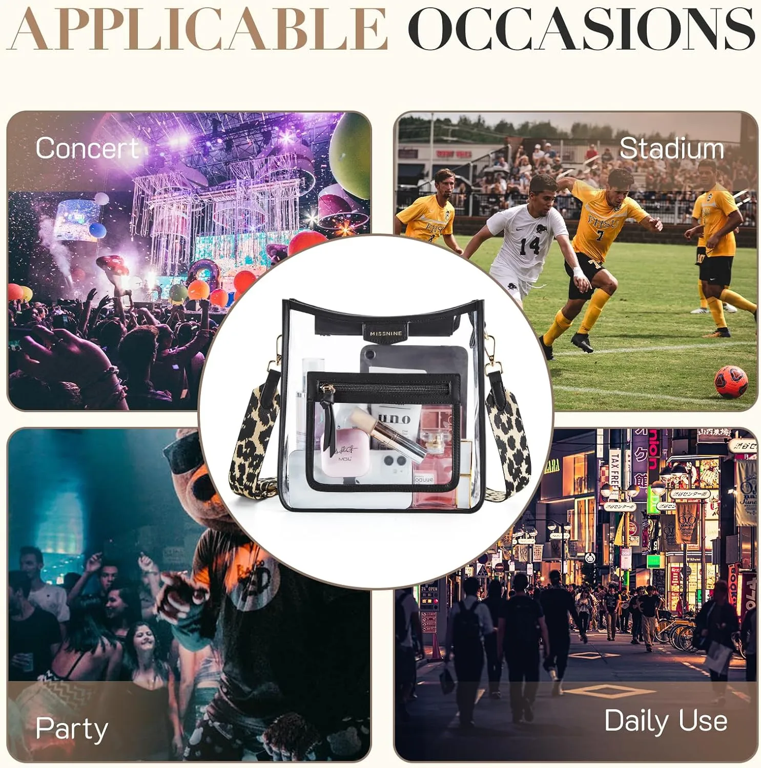Missnine Clear Crossbody Bags for Women Stadium Approved Clear Purse for Concert Transparent Plastic Bag with Guitar Strap