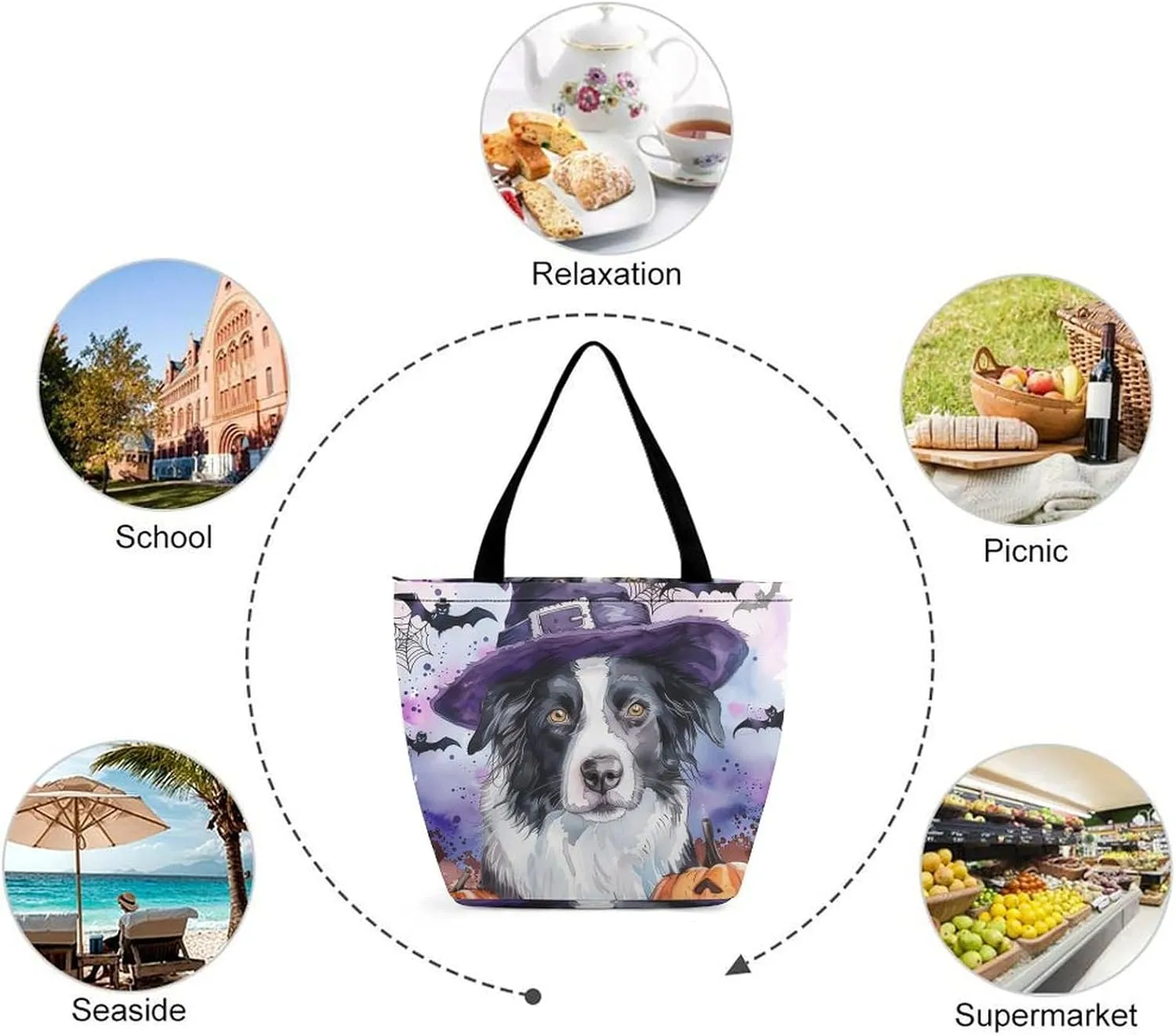 MoBlinko Halloween Dog Women Tote Bags Yoga Reusable Grocery Bagsshoulder Bag Handbag with Zipper