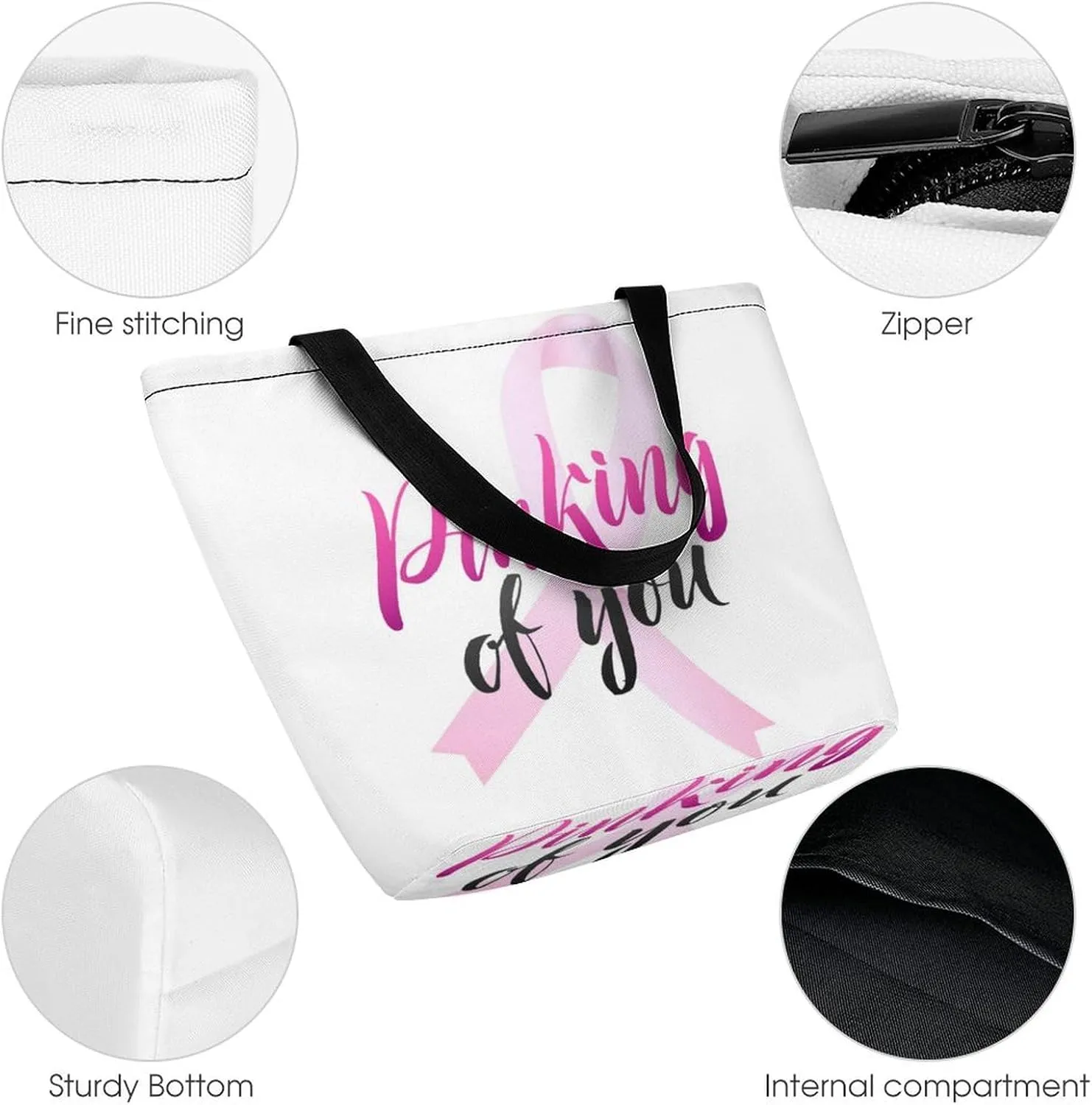MoBlinko Pink Ribbon Woman Womens Tote Bags Reusable Yoga Shoulder Bag Handbag with Zipper for Grocery Shopping Gifts