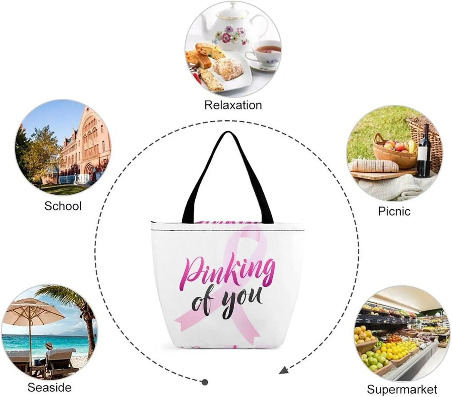 MoBlinko Pink Ribbon Woman Womens Tote Bags Reusable Yoga Shoulder Bag Handbag with Zipper for Grocery Shopping Gifts