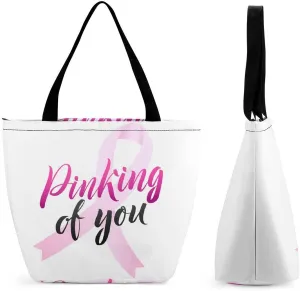 MoBlinko Pink Ribbon Woman Womens Tote Bags Reusable Yoga Shoulder Bag Handbag with Zipper for Grocery Shopping Gifts
