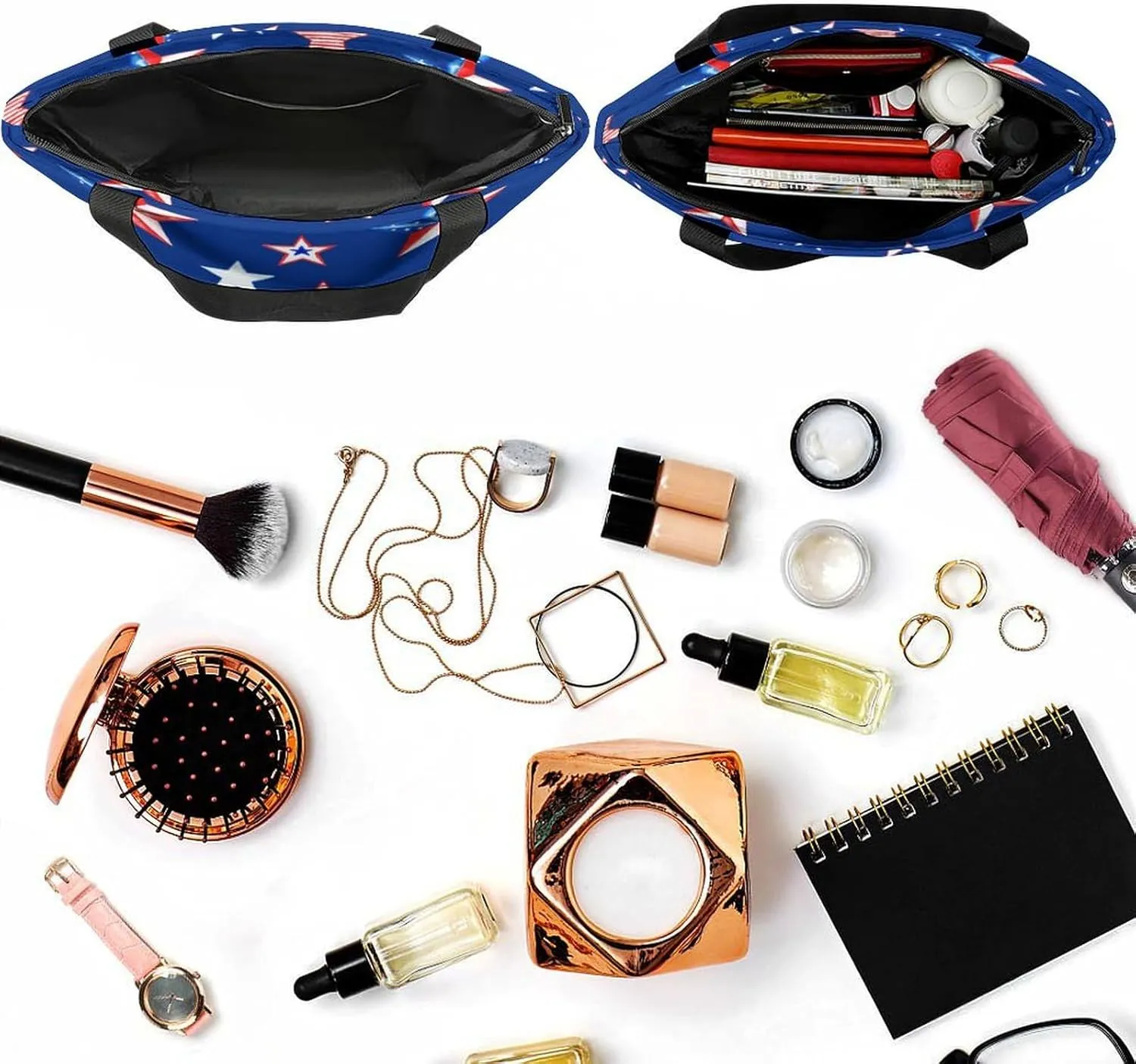 MoBlinko Red And Blue Stars Tote Bag for Women Reusable Handbags Shoulder Bags with Zipper for Yoga Grocery Shopping Gifts