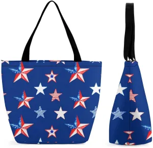 MoBlinko Red And Blue Stars Tote Bag for Women Reusable Handbags Shoulder Bags with Zipper for Yoga Grocery Shopping Gifts