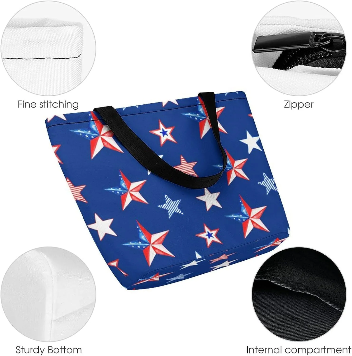 MoBlinko Red And Blue Stars Tote Bag for Women Reusable Handbags Shoulder Bags with Zipper for Yoga Grocery Shopping Gifts