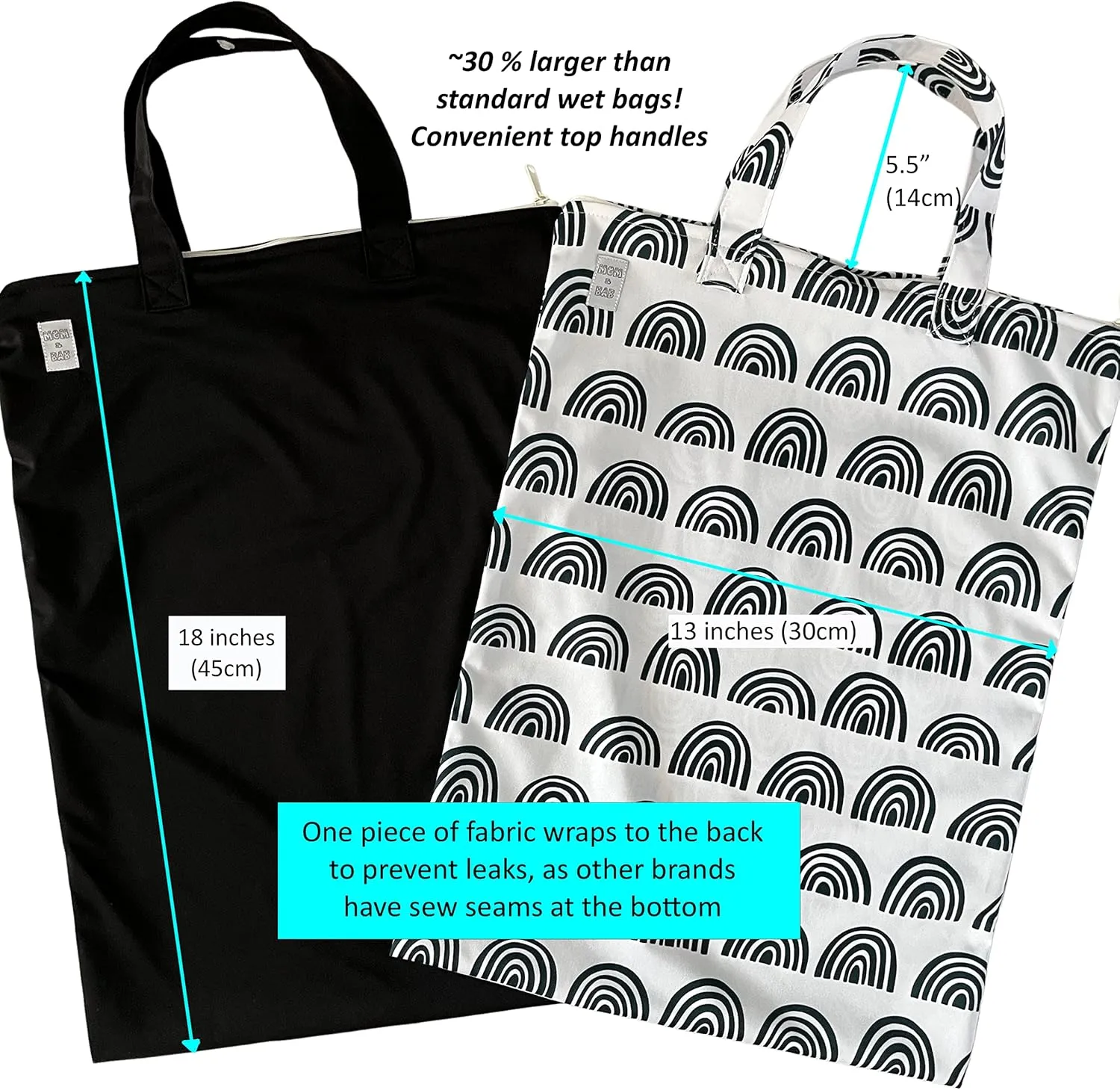 MOM & BAB Wet Bags for Baby Cloth Diapers, Wet Dry Bag for Breast Pump Parts, Bag for Wet Swimsuits and Towels (Rainbow & Black)