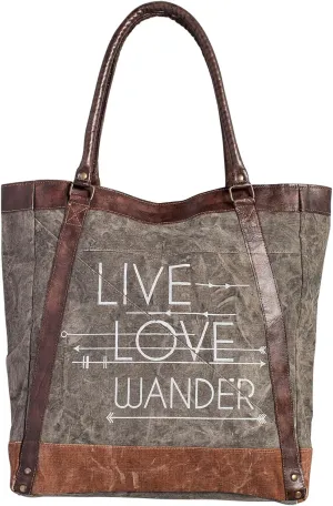 Mona B. Vintage Upcycled Canvas Tote Bags with Vegan Leather Trim (Live Love Wander-Charcoal)