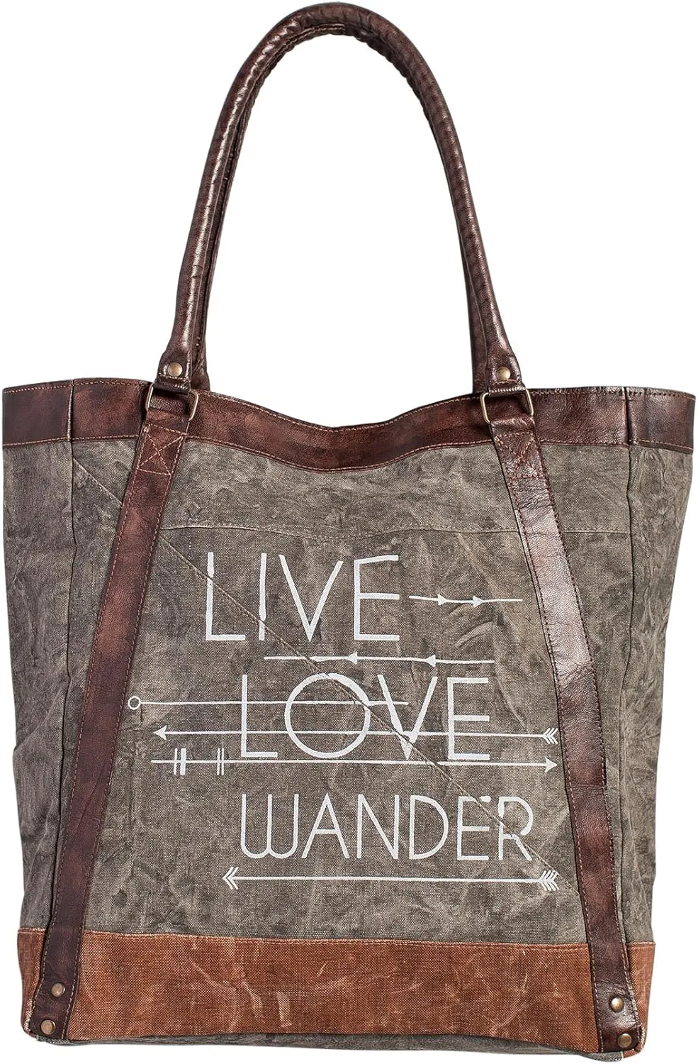 Mona B. Vintage Upcycled Canvas Tote Bags with Vegan Leather Trim (Live Love Wander-Charcoal)