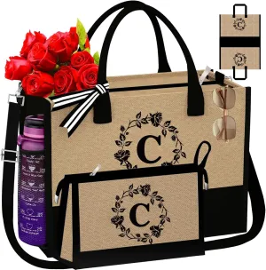Monogrammed Tote Bags, 2Pcs Initial Personalized Jute Tote Birthday Gifts Bags for Women Her Girlfriend Sister Mom
