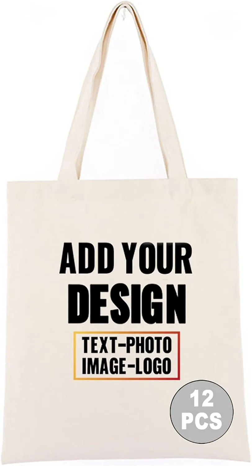 Muka Custom Print 12PCS Canvas Reusable Recycled Grocery Tote Bag, Add Your Image Text Logo for DIY & present, 14" W x 16" H