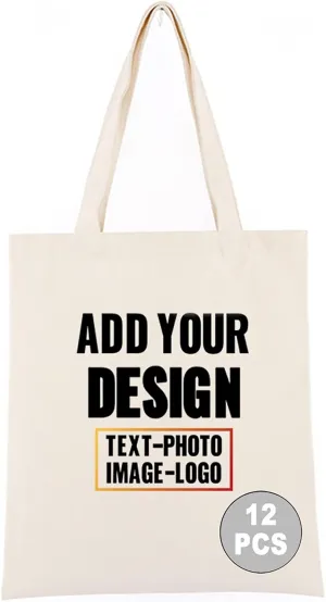 Muka Custom Print 12PCS Canvas Reusable Recycled Grocery Tote Bag, Add Your Image Text Logo for DIY & present, 14" W x 16" H