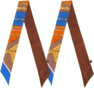 Mulberry Silk Scarf for Handbags,Bags, and Purse，2 Pcs 2"x35" Hair Ribbon Skinny Neck Fashion Scarves for Women