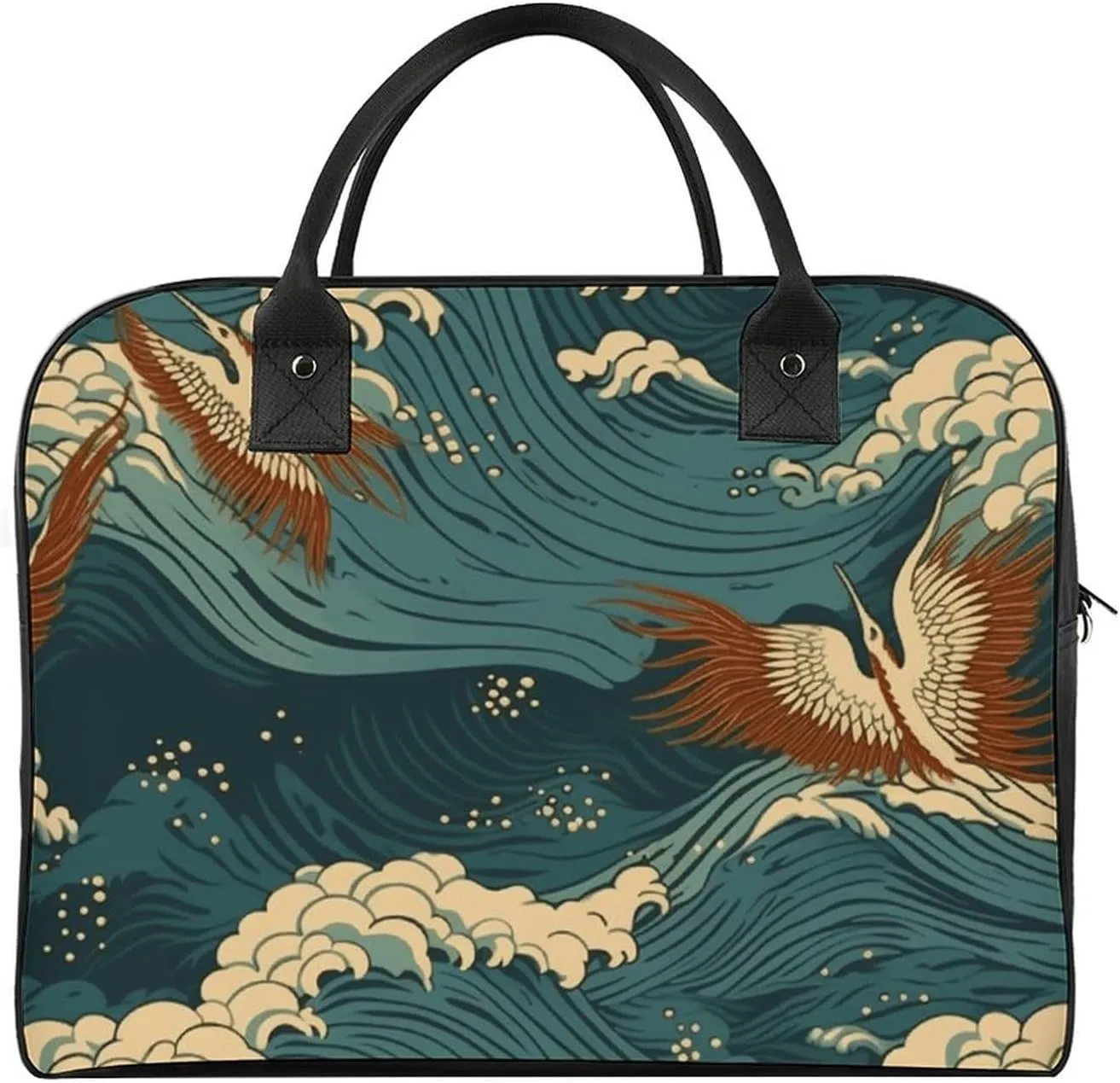 Multi-functional Travel Bag, Japan Wave Wallpapers Print Travel Handbag Travel Tote Bag Carry-on Bag Overnight Bag Weekend Bag