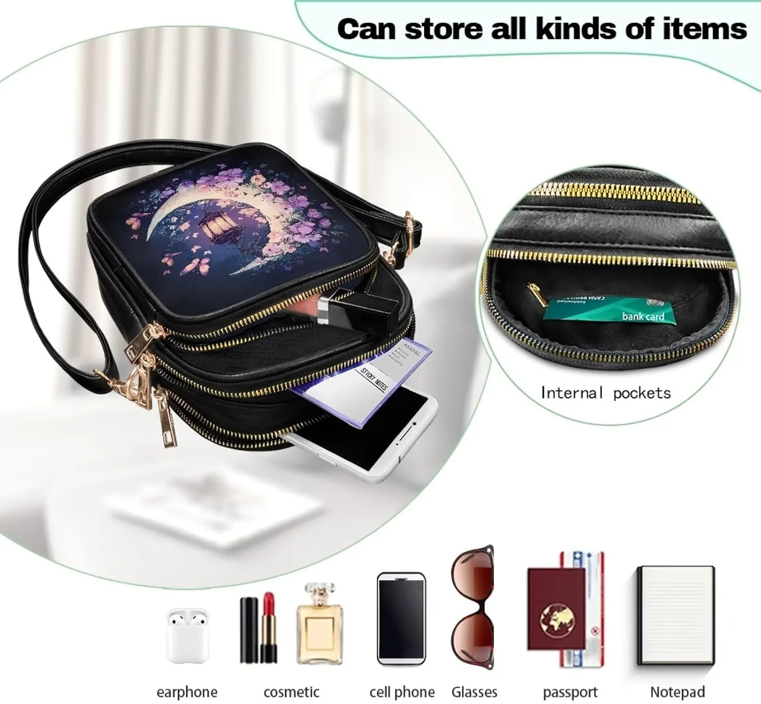 Multi Pocket PU Leather Crossbody Bag Shoulder Handbags Sling Bag Messenger Bags with Adjustable Strap