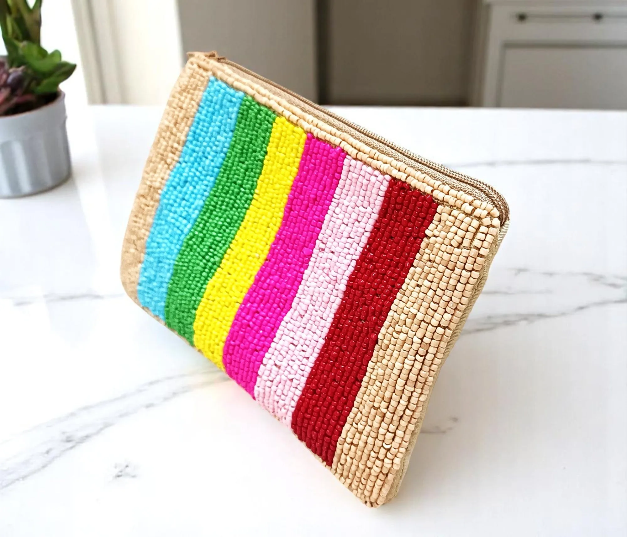 Multicolor embroidered beaded women small coin pouch bag