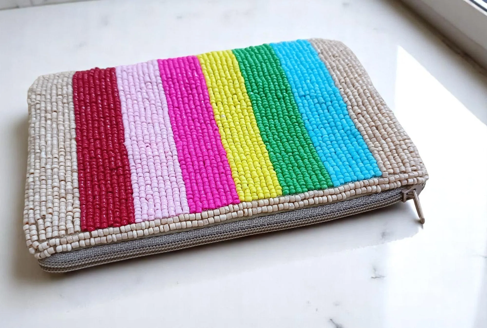Multicolor embroidered beaded women small coin pouch bag