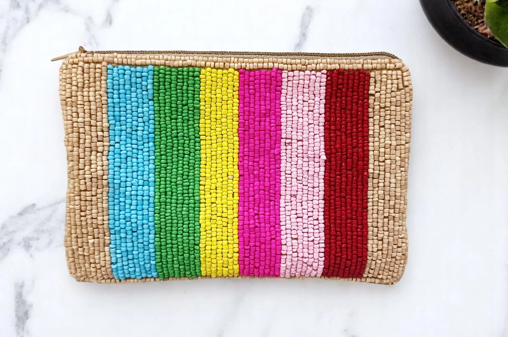 Multicolor embroidered beaded women small coin pouch bag