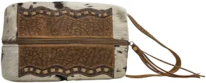 Myra Bag Seid Cowhide Purse - Brown and Ivory With Tooled Leather and Stitch Design, Makeup Kit and Handbag, Western Cowgirl Purse for Women