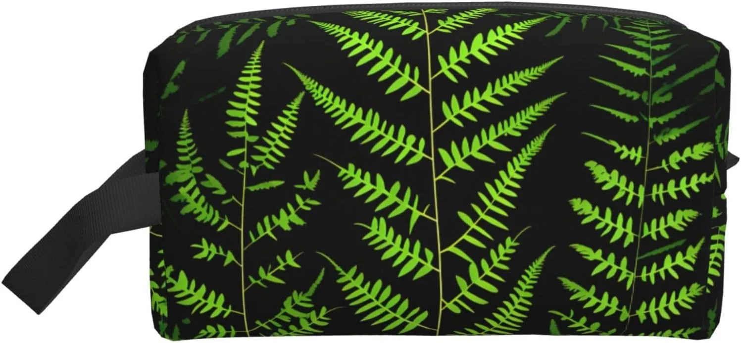 natural plant silhouette fern leaf Print Portable Makeup Pouch Travel Toiletry Bag Storage Bags with Handles Large Capacity