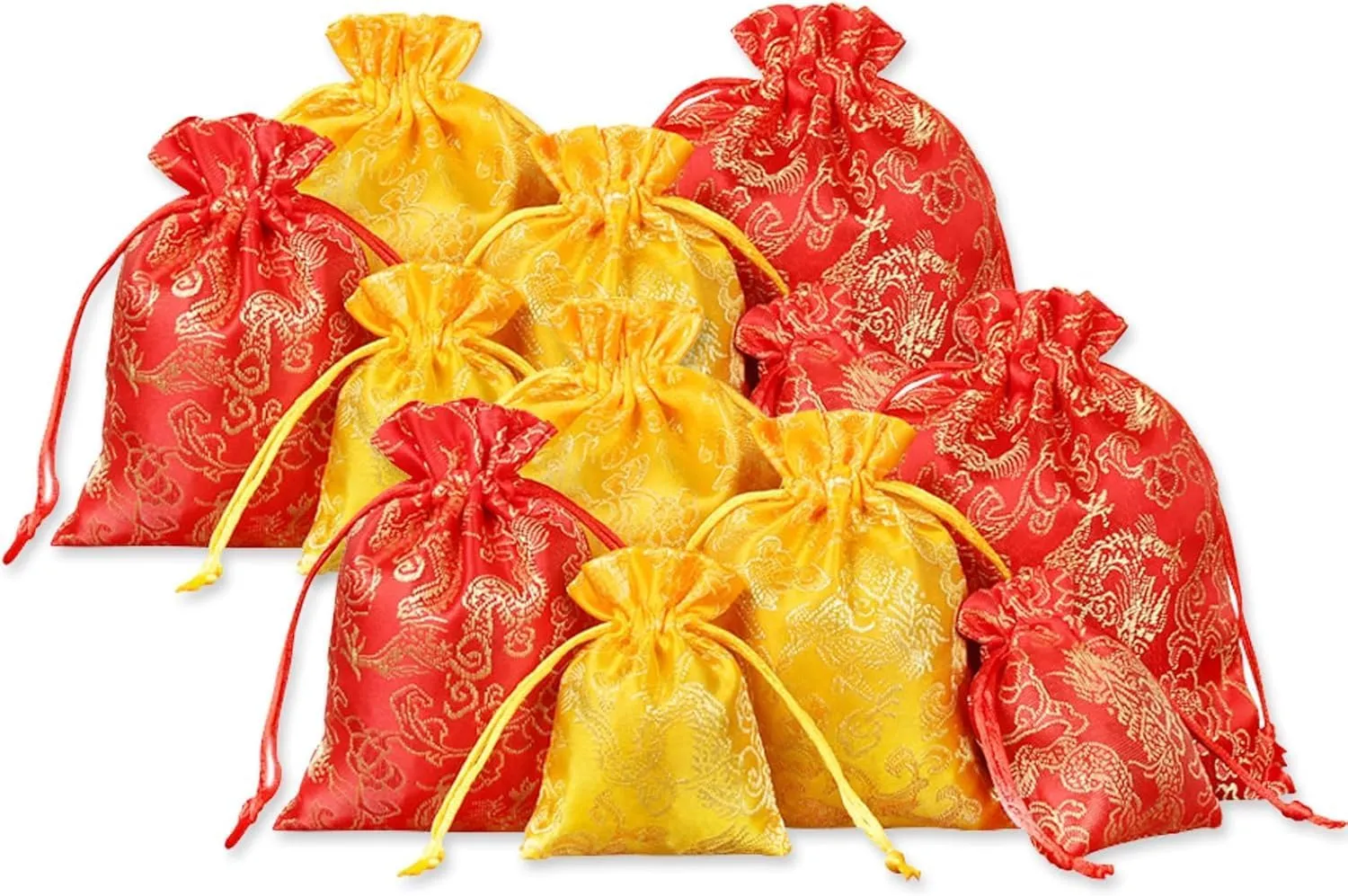 NDCNCQ 20Pcs Drawstring Gift Bags Chinese Lunar New Year Gift Bags Brocade Jewelry Pouch Bags for Jewelry Candy Good Luck Gift (Yellow,13x18cm/5.1x7.1inch)