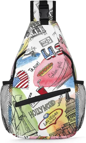 New York Graffiti Watercolor Usa Sling Backpack for Men Women, Casual Crossbody Shoulder Bag, Lightweight Chest Bag Daypack for Gym Cycling Travel Hiking Outdoor Sports