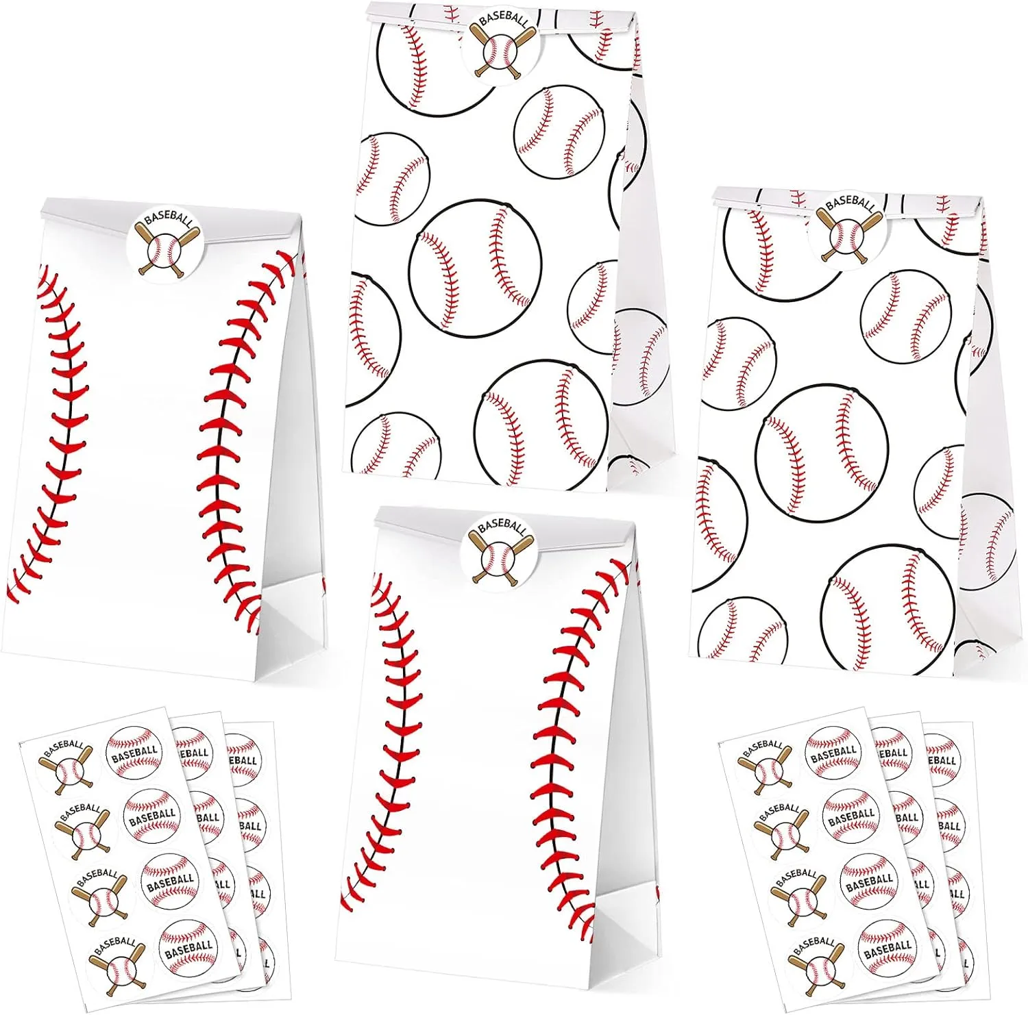 Nezyo 24 Pcs Baseball Gift Bags Team Party Favor Baseball Sport Candy Treat Goodie Snack Bags with Stickers for Kids Birthday Party Favor Decor Supplies(White)
