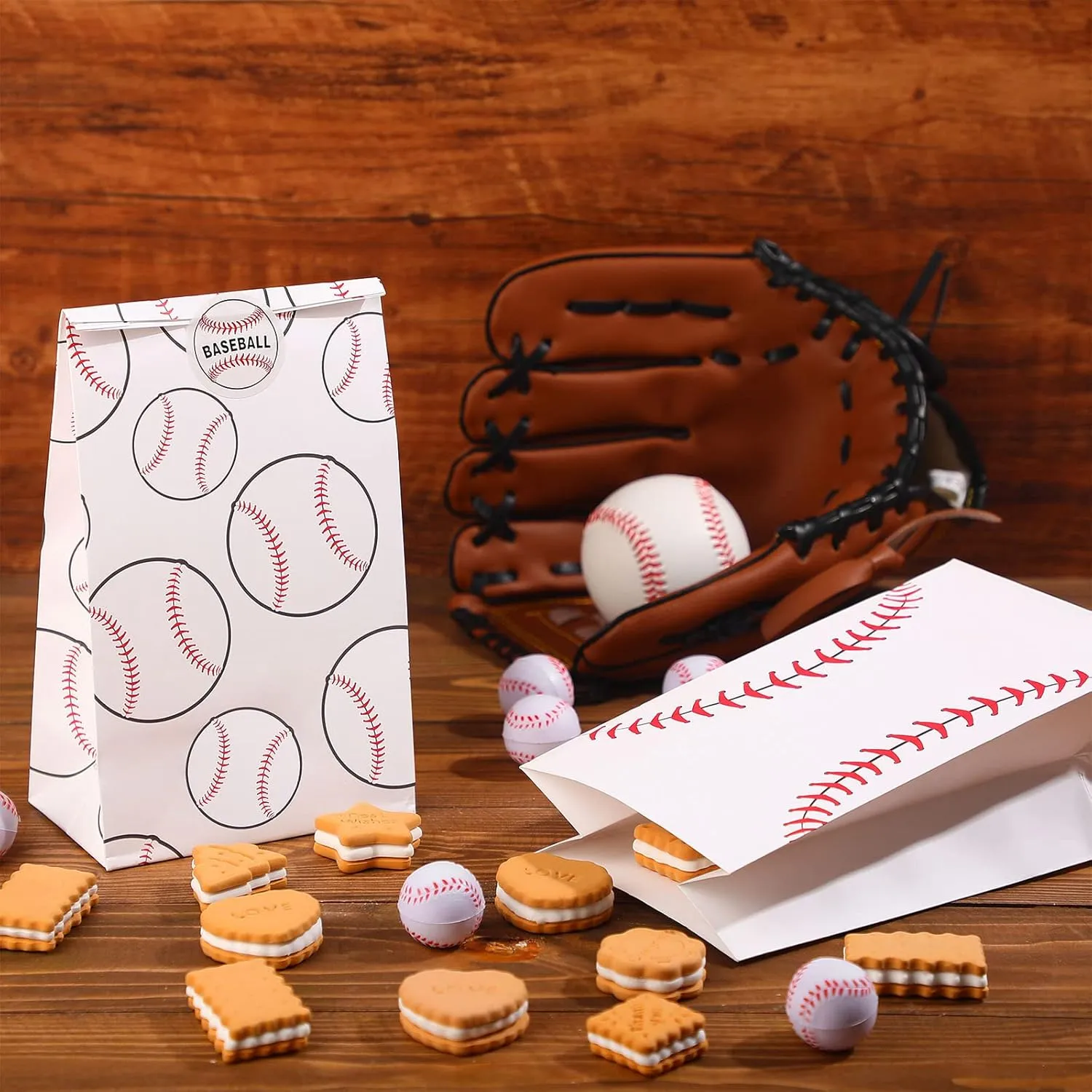 Nezyo 24 Pcs Baseball Gift Bags Team Party Favor Baseball Sport Candy Treat Goodie Snack Bags with Stickers for Kids Birthday Party Favor Decor Supplies(White)