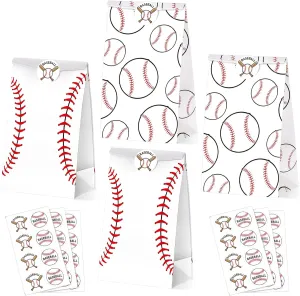 Nezyo 24 Pcs Baseball Gift Bags Team Party Favor Baseball Sport Candy Treat Goodie Snack Bags with Stickers for Kids Birthday Party Favor Decor Supplies(White)