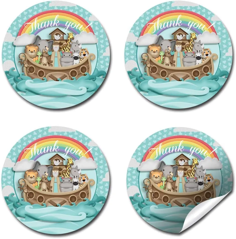 Noah’s Ark Themed Birthday or Baby Shower Thank You Sticker Labels, 40 2" Party Circle Stickers by AmandaCreation, Great for Party Favors, Envelope Seals & Goodie Bags