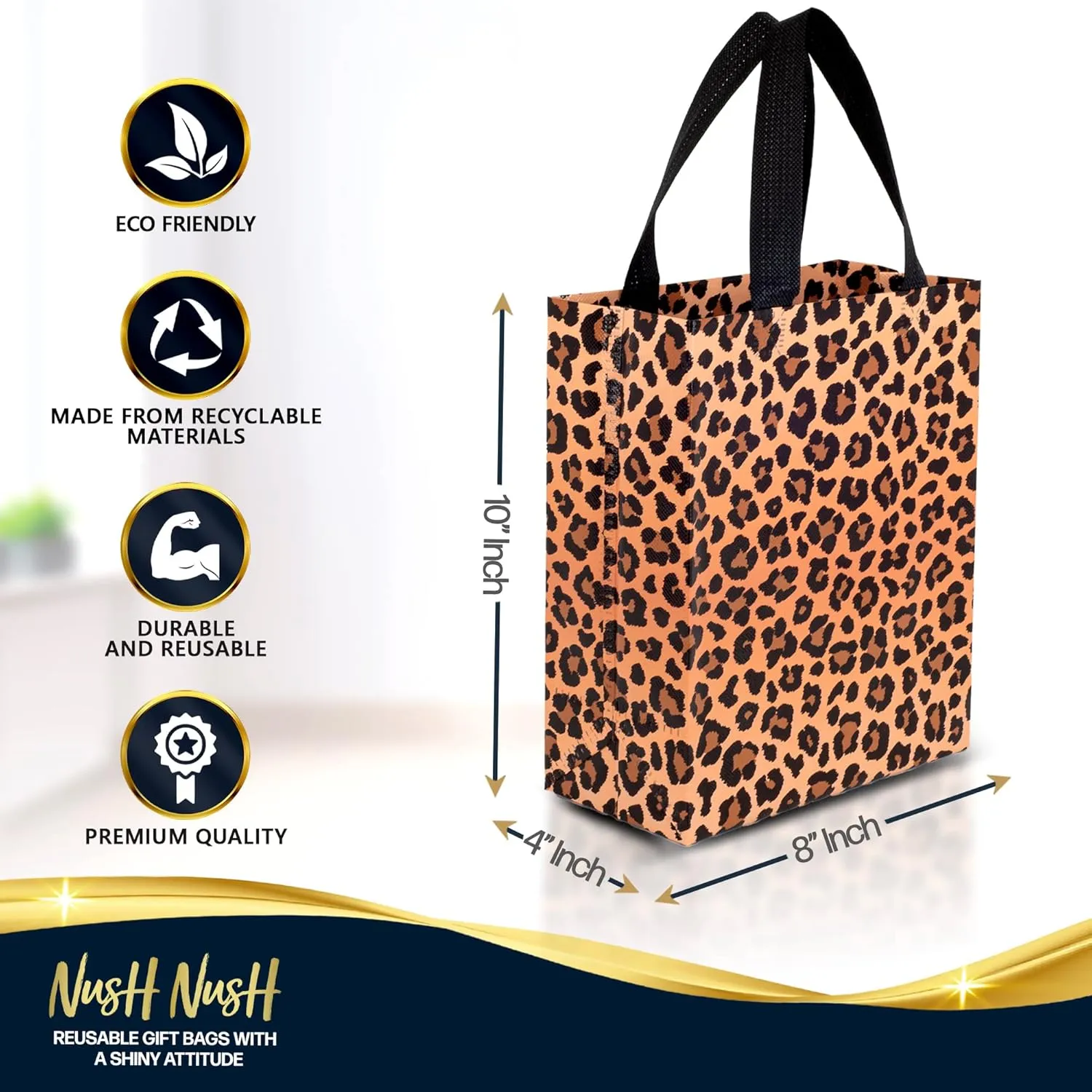 Nush Nush Leopard Reusable Cheetah Gift Bags - Set of 12 with Handles, Animal Print Party Favor Bags, Goodie Bags - 8x4x10 Size