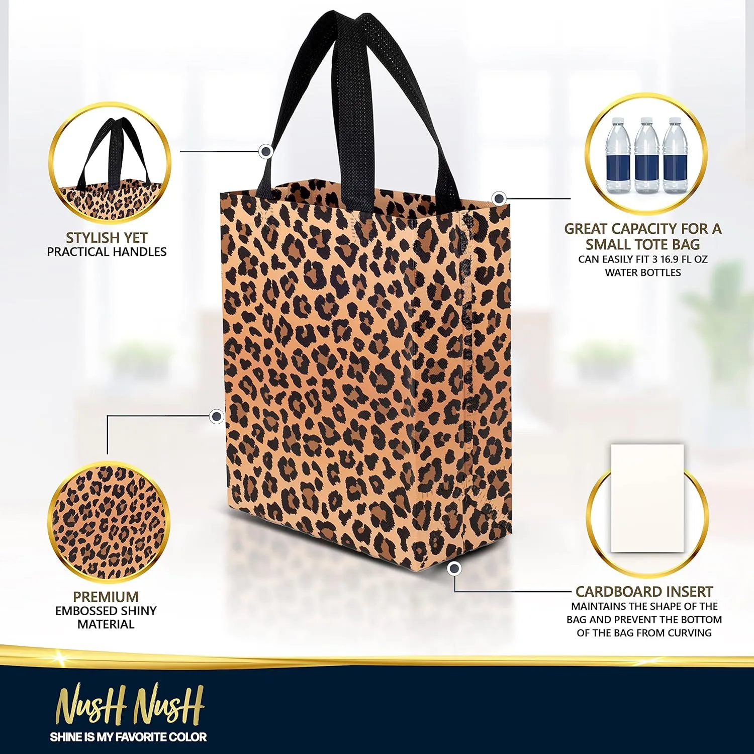 Nush Nush Leopard Reusable Cheetah Gift Bags - Set of 12 with Handles, Animal Print Party Favor Bags, Goodie Bags - 8x4x10 Size