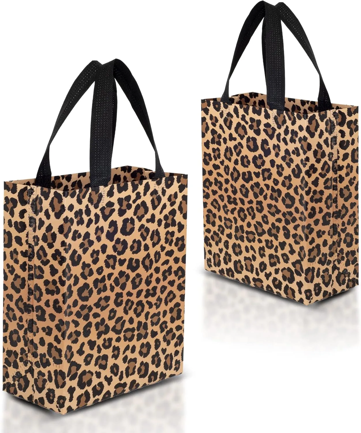 Nush Nush Leopard Reusable Cheetah Gift Bags - Set of 12 with Handles, Animal Print Party Favor Bags, Goodie Bags - 8x4x10 Size