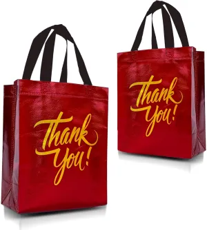 Nush Nush Red Thank You Gift Bags Bulk Set of 12 Reusable Red Thank You Bags With Holographic Gold Print - Perfect As Goodie, Birthday, Party Favor Bags 8W x 4D x 10H