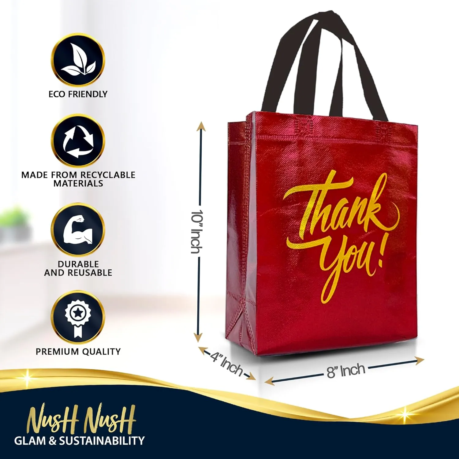 Nush Nush Red Thank You Gift Bags Bulk Set of 12 Reusable Red Thank You Bags With Holographic Gold Print - Perfect As Goodie, Birthday, Party Favor Bags 8W x 4D x 10H