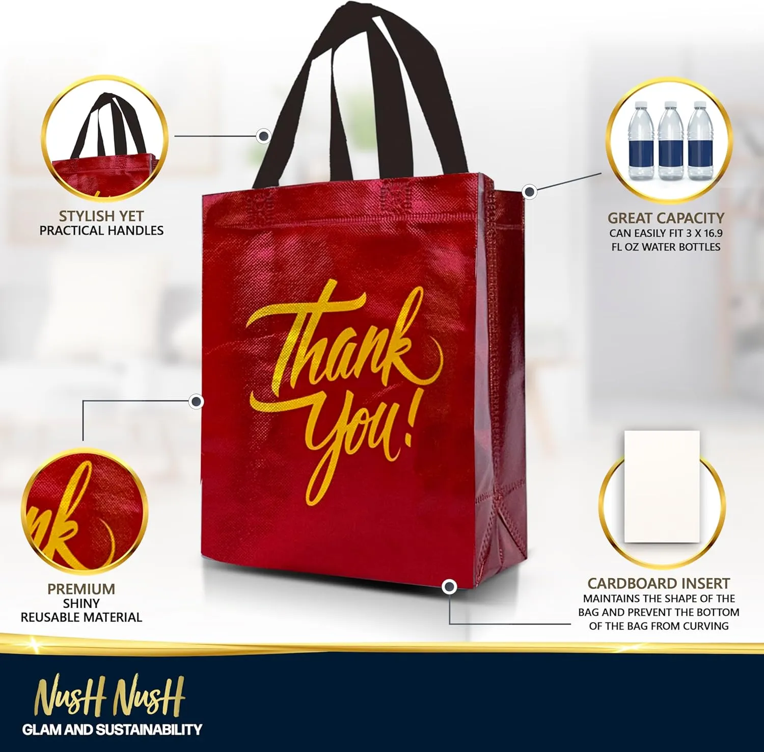 Nush Nush Red Thank You Gift Bags Bulk Set of 12 Reusable Red Thank You Bags With Holographic Gold Print - Perfect As Goodie, Birthday, Party Favor Bags 8W x 4D x 10H