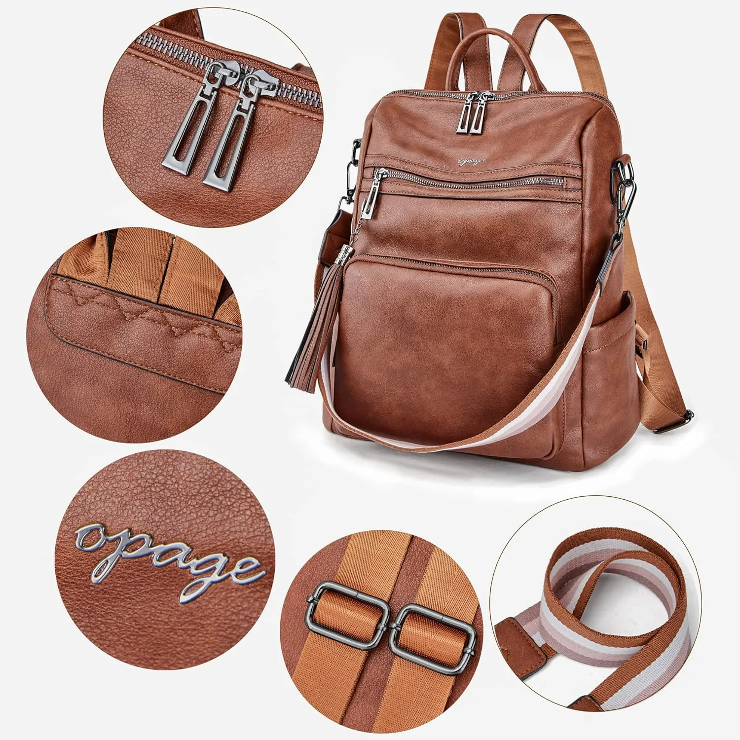 OPAGE Leather Backpack Purse for Women Fashion Tassel Ladies Shoulder Bags Designer Large Backpack Travel Bag