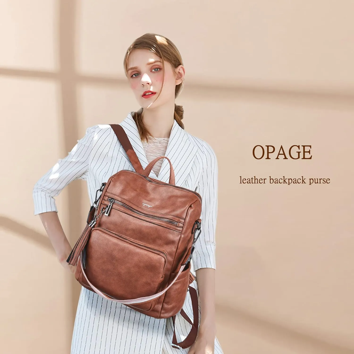 OPAGE Leather Backpack Purse for Women Fashion Tassel Ladies Shoulder Bags Designer Large Backpack Travel Bag