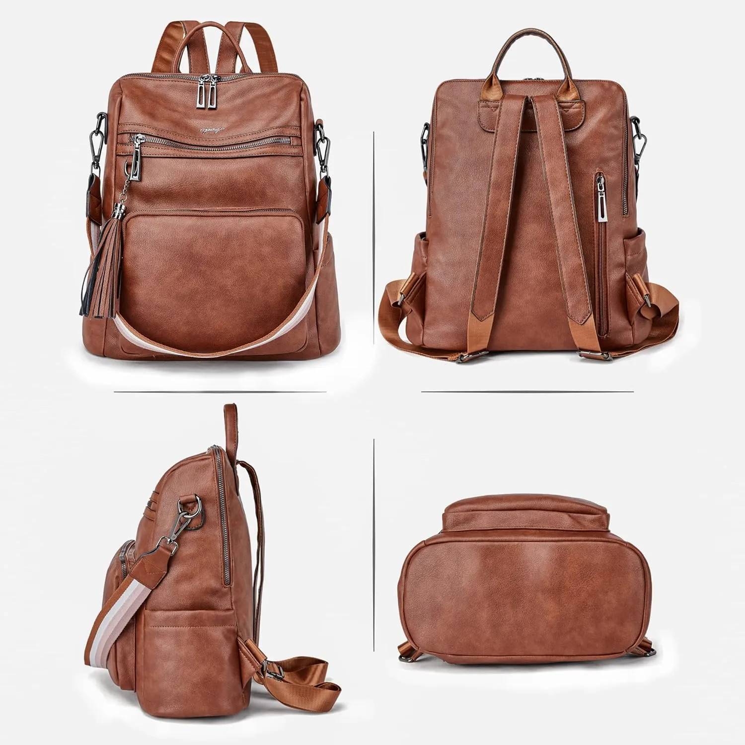 OPAGE Leather Backpack Purse for Women Fashion Tassel Ladies Shoulder Bags Designer Large Backpack Travel Bag