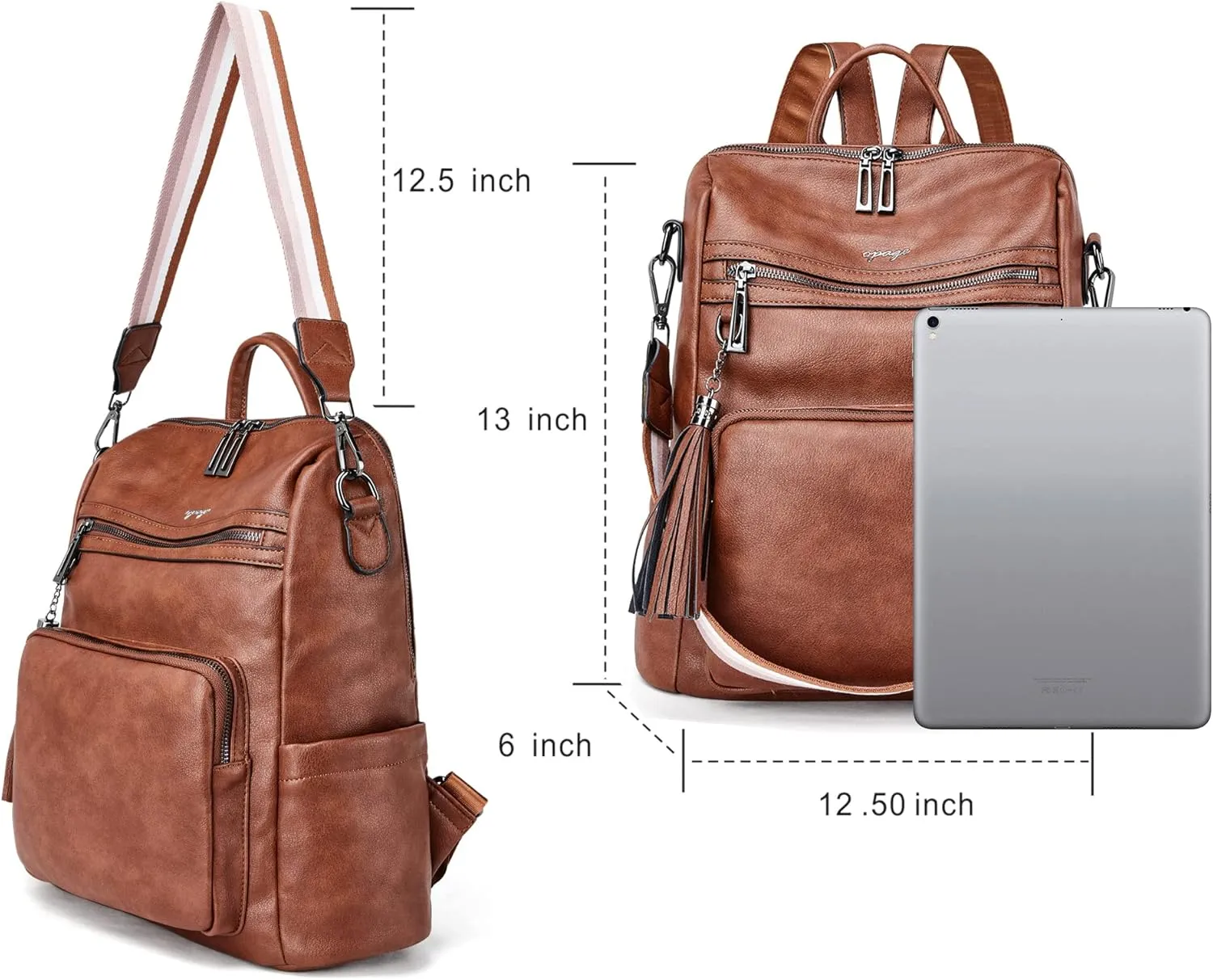 OPAGE Leather Backpack Purse for Women Fashion Tassel Ladies Shoulder Bags Designer Large Backpack Travel Bag