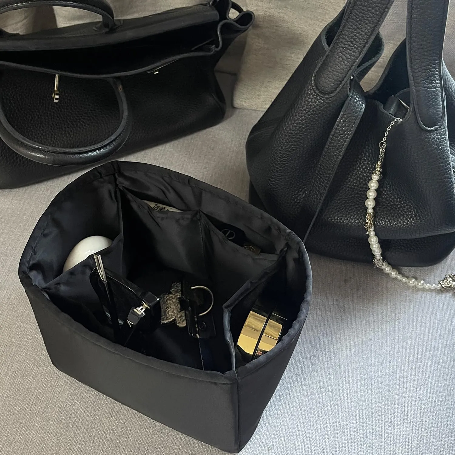 Organizer Insert for Purse Bags, Luxury Bags Storage with Silky Satin, Fits for Picotin 18 Bags, Lightweight Multi-Pocket Inner Bag for Daily Uses(Black, Picotin18)