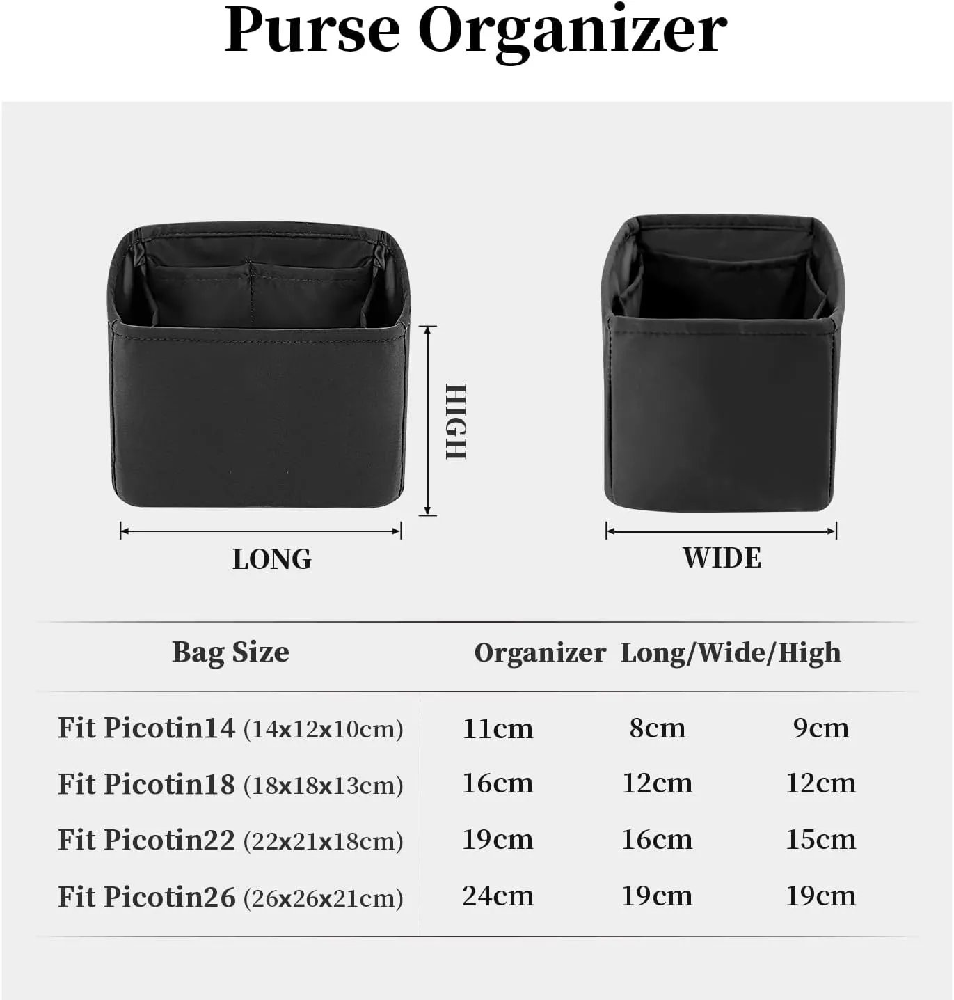 Organizer Insert for Purse Bags, Luxury Bags Storage with Silky Satin, Fits for Picotin 18 Bags, Lightweight Multi-Pocket Inner Bag for Daily Uses(Black, Picotin18)