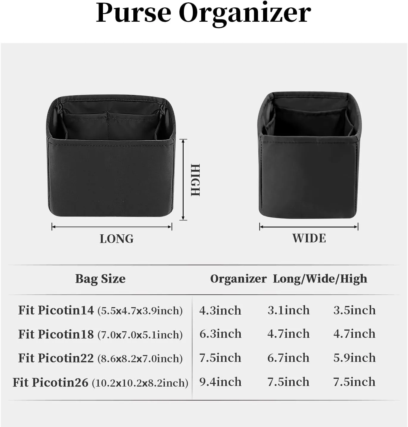Organizer Insert for Purse Bags, Luxury Bags Storage with Silky Satin, Fits for Picotin 18 Bags, Lightweight Multi-Pocket Inner Bag for Daily Uses(Black, Picotin18)