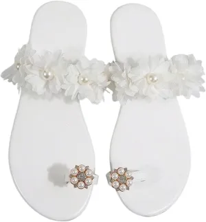 OYOANGLE Women's Pearl Applique Flat Sandals Toe Thong Slip On Dress Slides Sandal