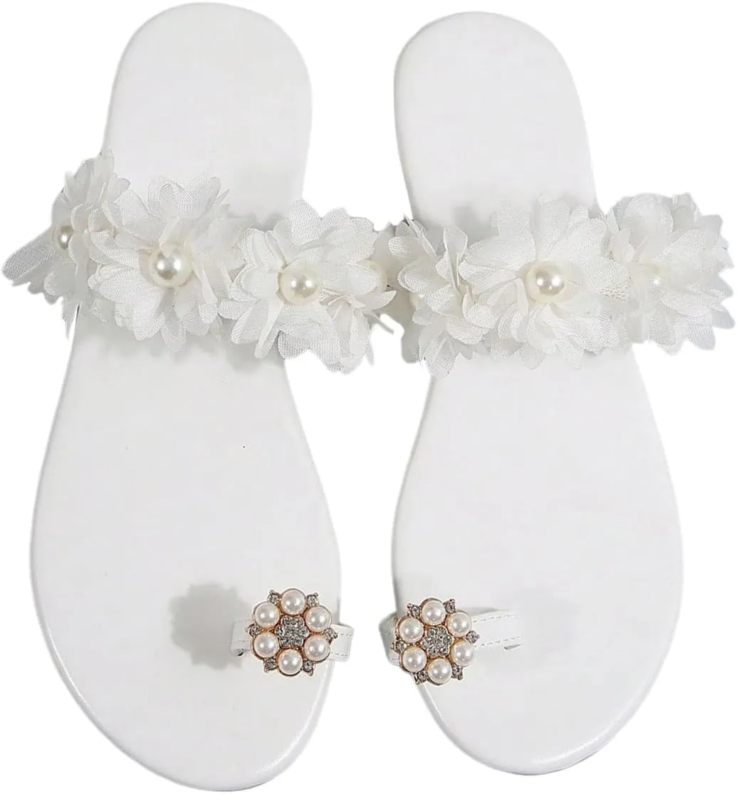 OYOANGLE Women's Pearl Applique Flat Sandals Toe Thong Slip On Dress Slides Sandal