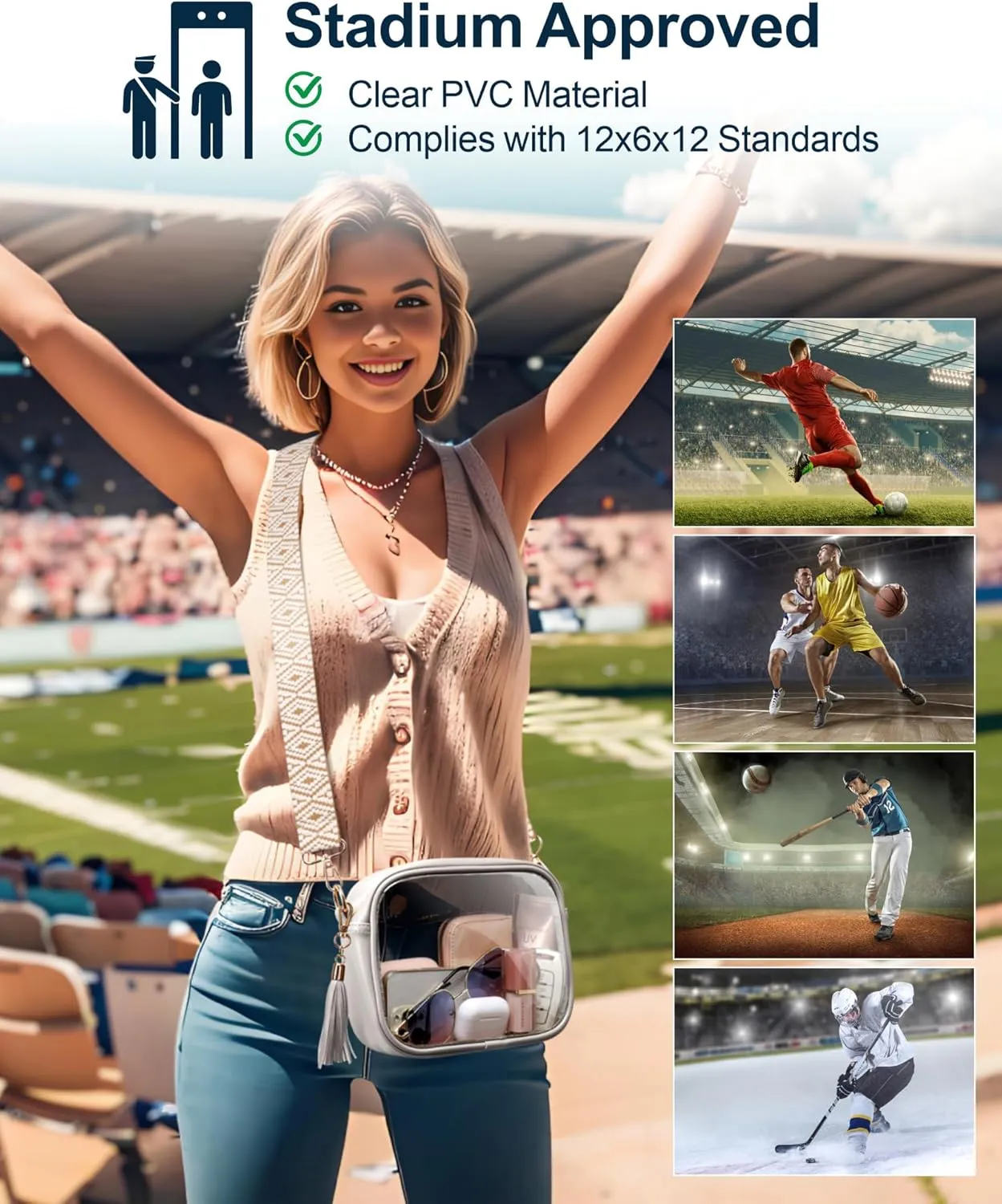PACKISM Clear Bag for Stadium Events - Cute Clear Purse for Women Crossbody & Adjustable Chain for Sports Games Concerts