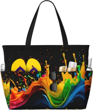 Paint Splatter Backdrop print Large Capacity Beach Travel Bag, Reusable Grocery Bag, Beach Bag, Black