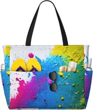 Paint Splatter Backdrop Print Waterproof Beach Bag For Womentote Bag Zipper And Pockets For Travel Vacation